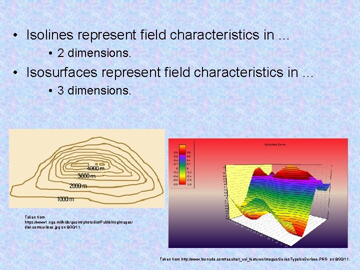 • Isolines represent field characteristics in … • 2 dimensions. • Isosurfaces represent