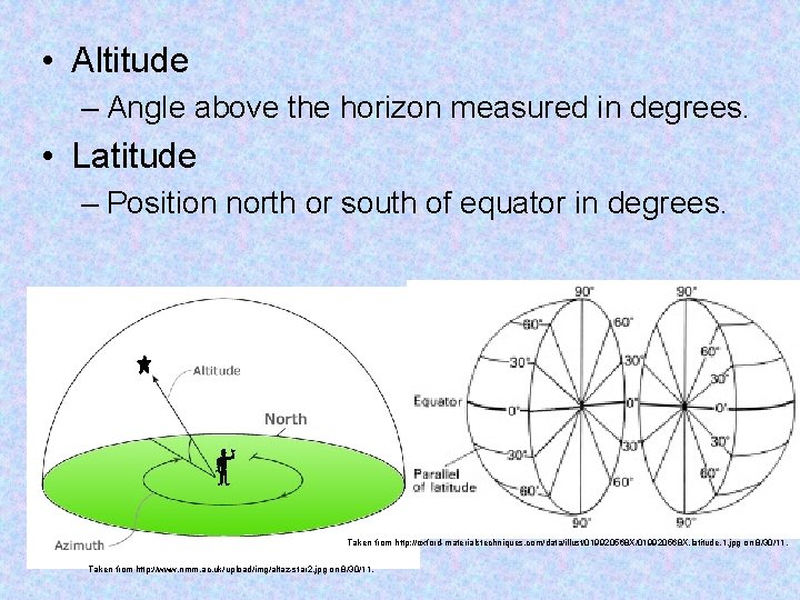 • Altitude – Angle above the horizon measured in degrees. • Latitude –