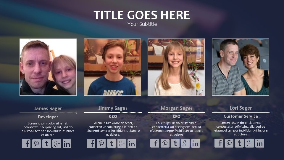 TITLE GOES HERE Your Subtitle James Sager Jimmy Sager Morgan Sager Lori Sager Developer