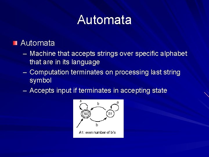 Automata – Machine that accepts strings over specific alphabet that are in its language