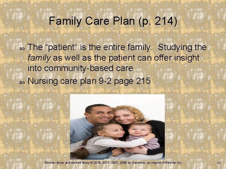 Family Care Plan (p. 214) The “patient” is the entire family. Studying the family