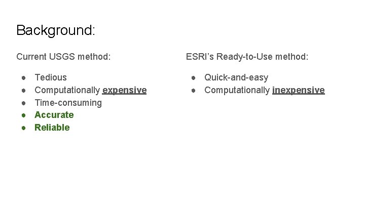 Background: Current USGS method: ● ● ● Tedious Computationally expensive Time-consuming Accurate Reliable ESRI’s