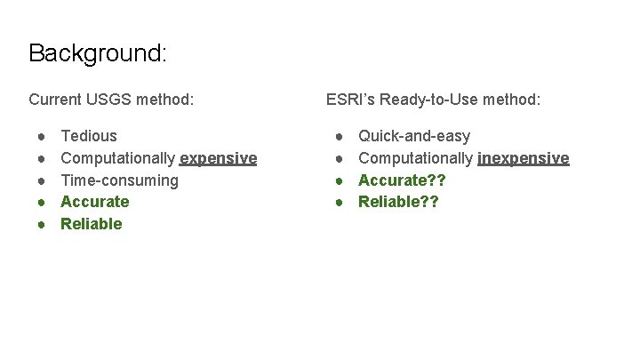 Background: Current USGS method: ● ● ● Tedious Computationally expensive Time-consuming Accurate Reliable ESRI’s