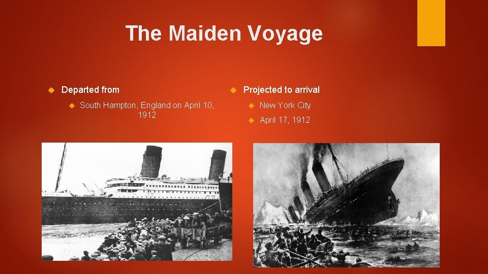 The Maiden Voyage Departed from South Hampton, England on April 10, 1912 Projected to