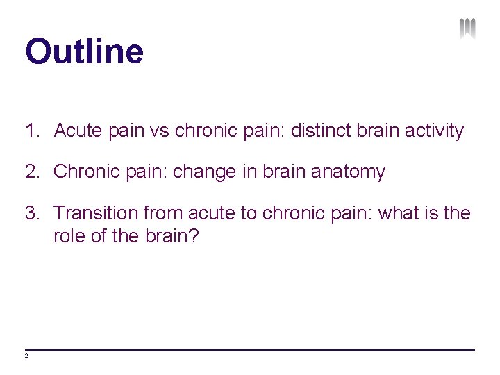 Outline 1. Acute pain vs chronic pain: distinct brain activity 2. Chronic pain: change