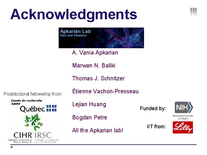 Acknowledgments A. Vania Apkarian Marwan N. Baliki Thomas J. Schnitzer Postdoctoral fellowship from: Étienne