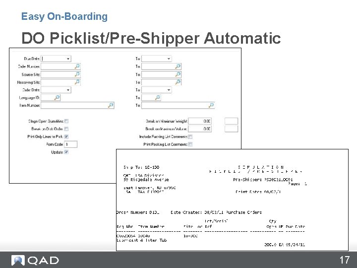 Easy On-Boarding DO Picklist/Pre-Shipper Automatic 17 