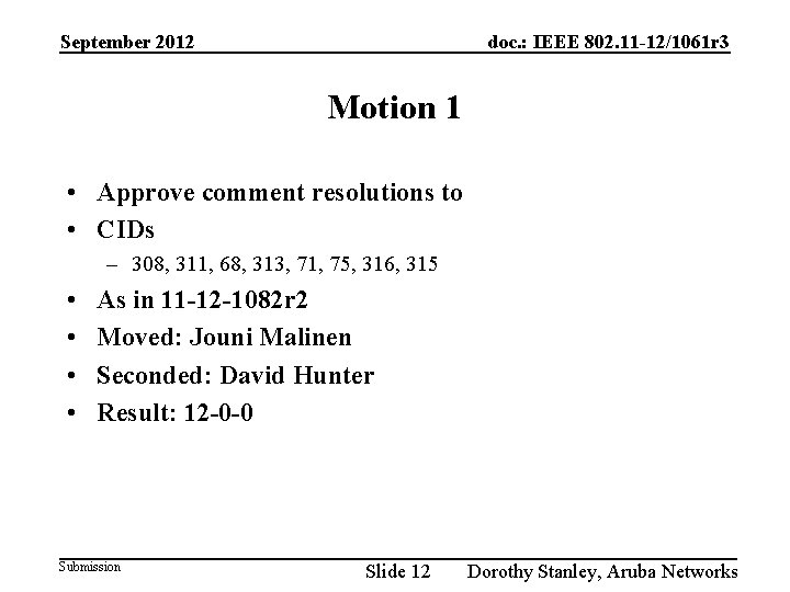 September 2012 doc. : IEEE 802. 11 -12/1061 r 3 Motion 1 • Approve