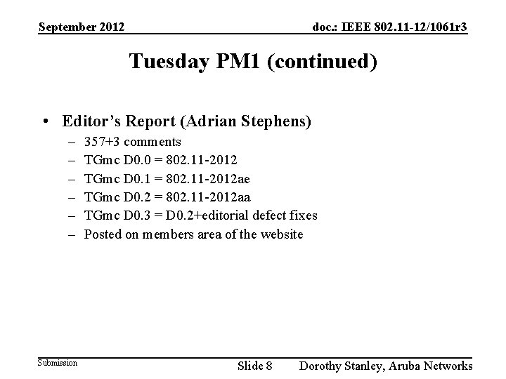 September 2012 doc. : IEEE 802. 11 -12/1061 r 3 Tuesday PM 1 (continued)