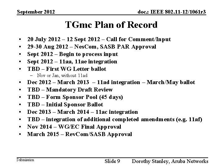 September 2012 doc. : IEEE 802. 11 -12/1061 r 3 TGmc Plan of Record