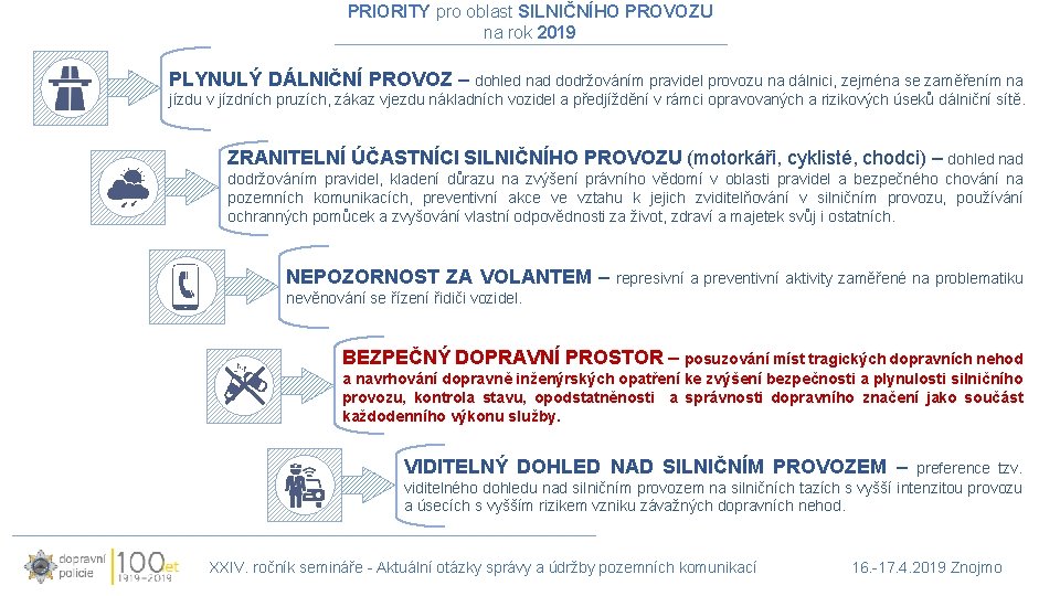 PRIORITY pro oblast SILNIČNÍHO PROVOZU na rok 2019 PLYNULÝ DÁLNIČNÍ PROVOZ – dohled nad