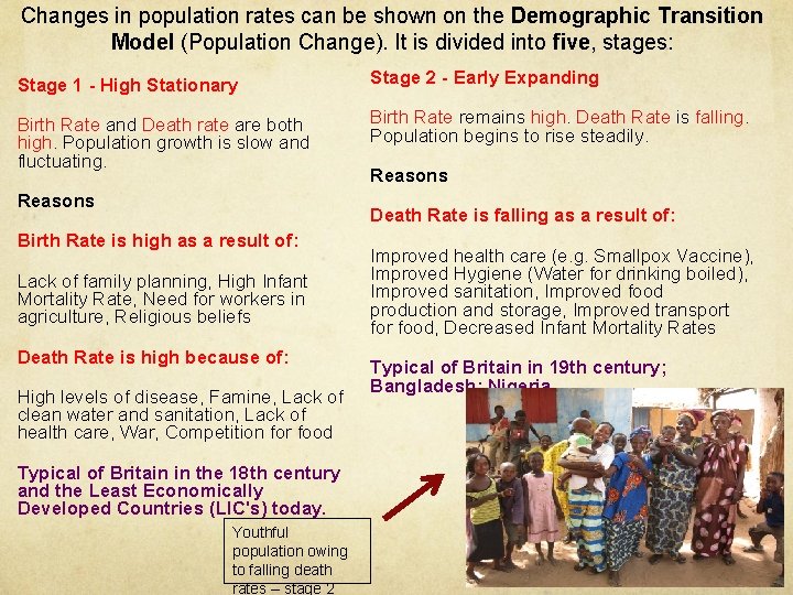 Changes in population rates can be shown on the Demographic Transition Model (Population Change).