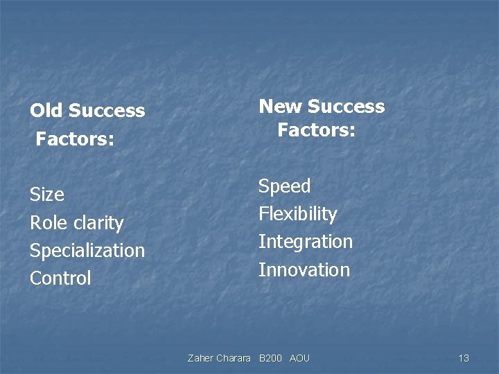 Old Success Factors: New Success Factors: Size Role clarity Specialization Control Speed Flexibility Integration