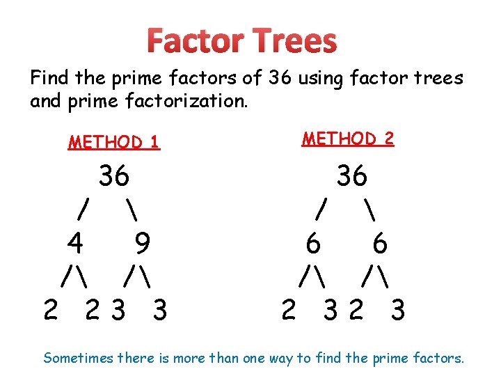 Factor Trees Find the prime factors of 36 using factor trees and prime factorization.