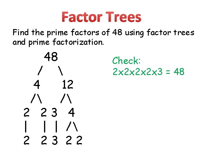 Factor Trees Find the prime factors of 48 using factor trees and prime factorization.