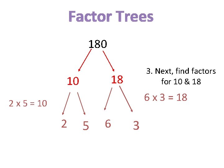 Factor Trees 180 3. Next, find factors for 10 & 18 18 10 6