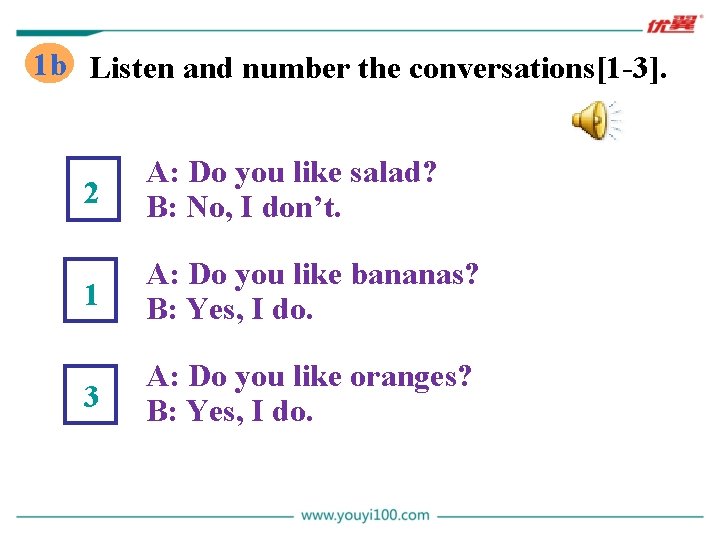 1 b Listen and number the conversations[1 -3]. 2 A: Do you like salad?