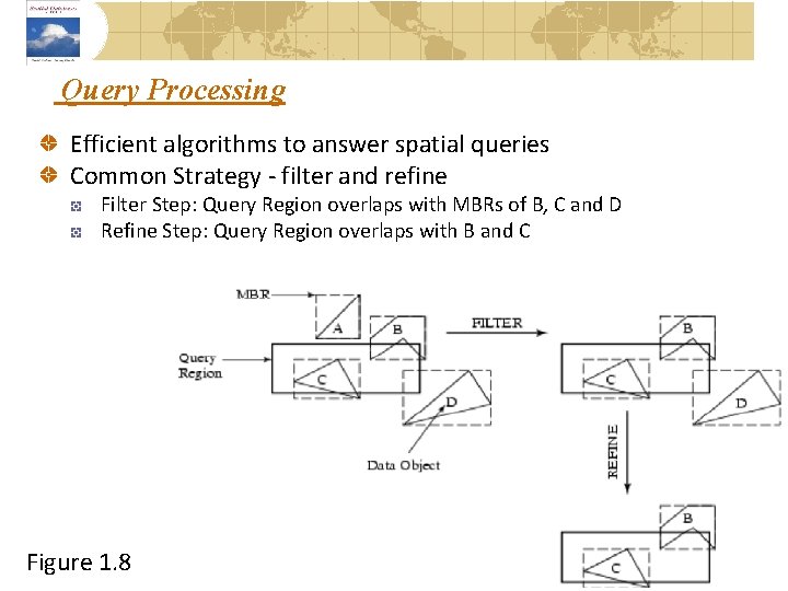 Query Processing Efficient algorithms to answer spatial queries Common Strategy - filter and refine
