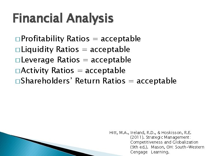 Financial Analysis � Profitability Ratios = acceptable � Liquidity Ratios = acceptable � Leverage