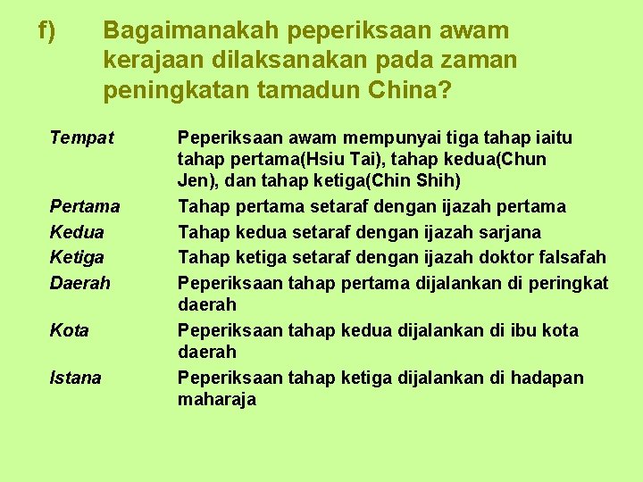 f) Bagaimanakah peperiksaan awam kerajaan dilaksanakan pada zaman peningkatan tamadun China? Tempat Pertama Kedua