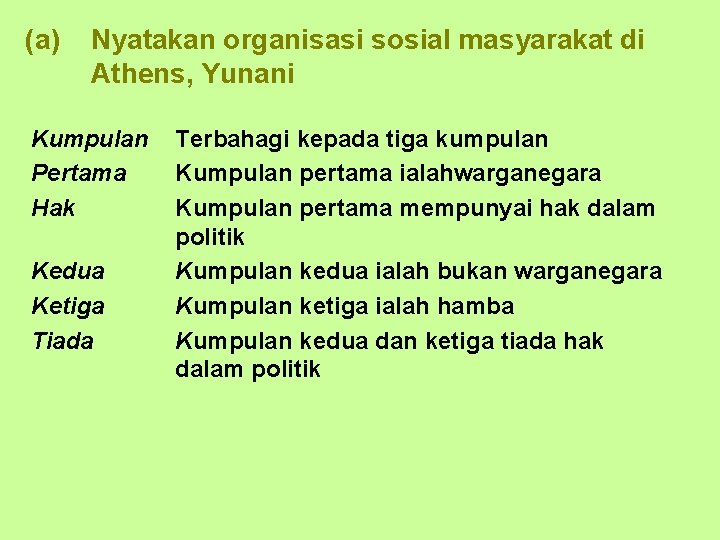 (a) Nyatakan organisasi sosial masyarakat di Athens, Yunani Kumpulan Pertama Hak Kedua Ketiga Tiada