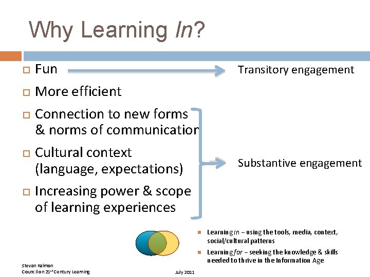 Why Learning In? Fun More efficient Transitory engagement Connection to new forms & norms