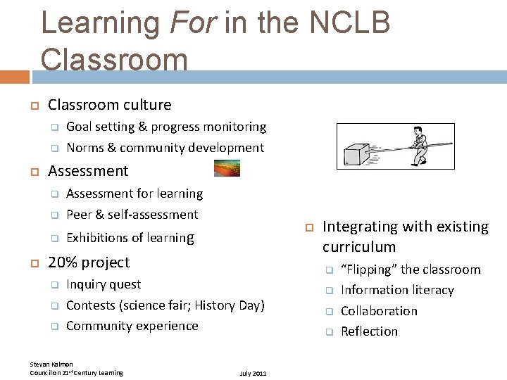 Learning For in the NCLB Classroom culture Assessment for learning Peer & self-assessment Exhibitions