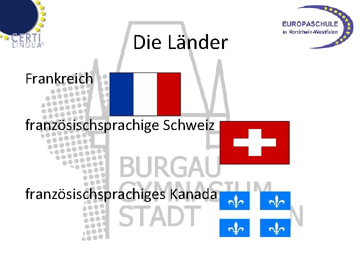 Die Länder Frankreich französischsprachige Schweiz französischsprachiges Kanada 