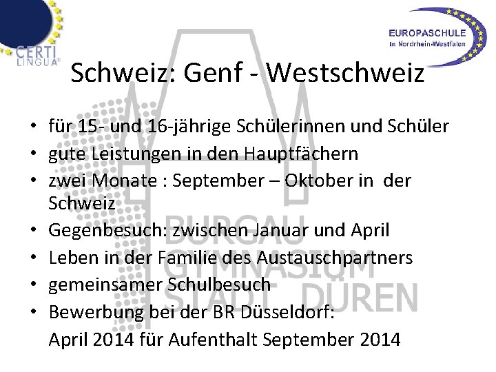 Schweiz: Genf - Westschweiz • für 15 - und 16 -jährige Schülerinnen und Schüler