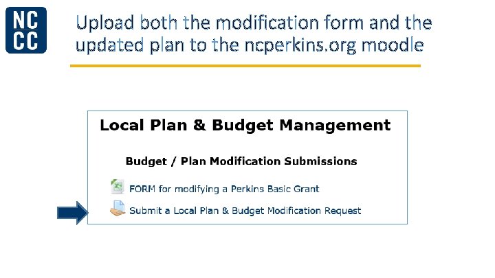 Upload both the modification form and the updated plan to the ncperkins. org moodle