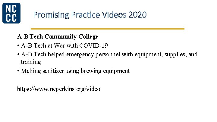Promising Practice Videos 2020 A-B Tech Community College • A-B Tech at War with