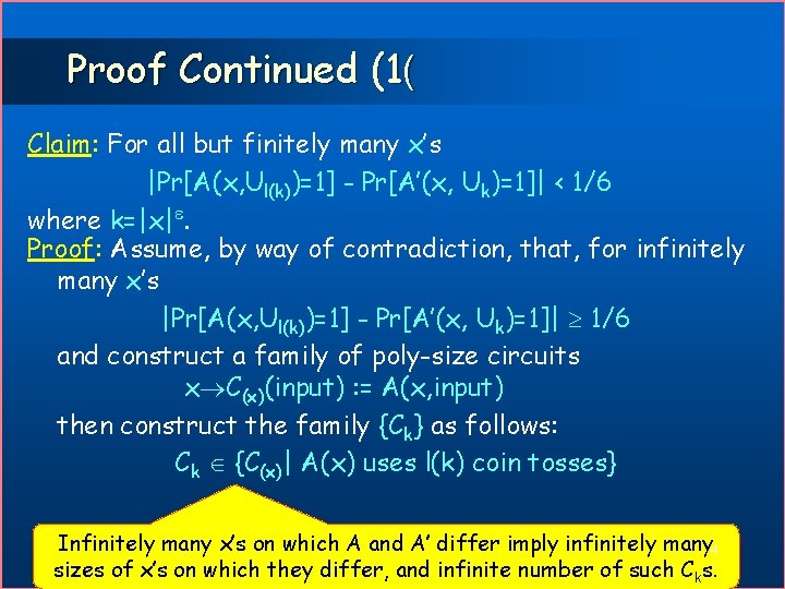 Proof Continued (1( Claim: For all but finitely many x’s |Pr[A(x, Ul(k))=1] - Pr[A’(x,