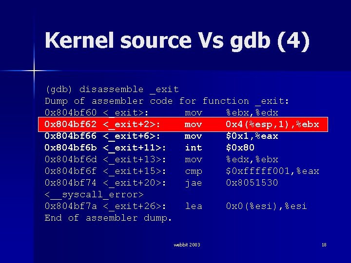 Kernel source Vs gdb (4) (gdb) disassemble _exit Dump of assembler code for function