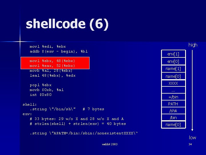shellcode (6) high movl %edi, %ebx addb $(env - begin), %bl movl movb leal