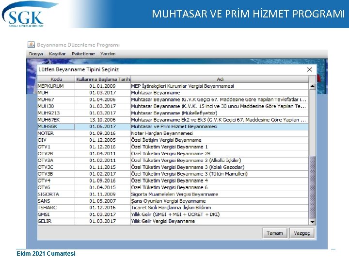 MUHTASAR VE PRİM HİZMET PROGRAMI Ekim 2021 Cumartesi 