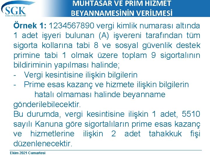 MUHTASAR VE PRİM HİZMET BEYANNAMESİNİN VERİLMESİ Örnek 1: 1234567890 vergi kimlik numarası altında 1