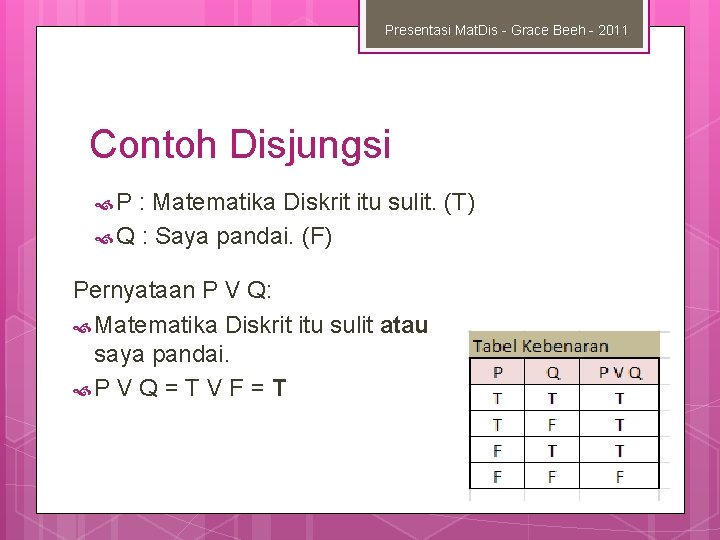 Presentasi Mat. Dis - Grace Beeh - 2011 Contoh Disjungsi P : Matematika Diskrit