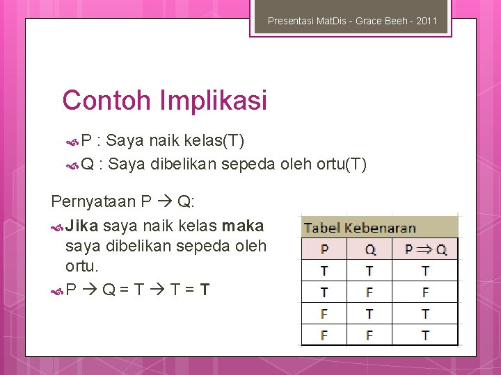 Presentasi Mat. Dis - Grace Beeh - 2011 Contoh Implikasi P : Saya naik