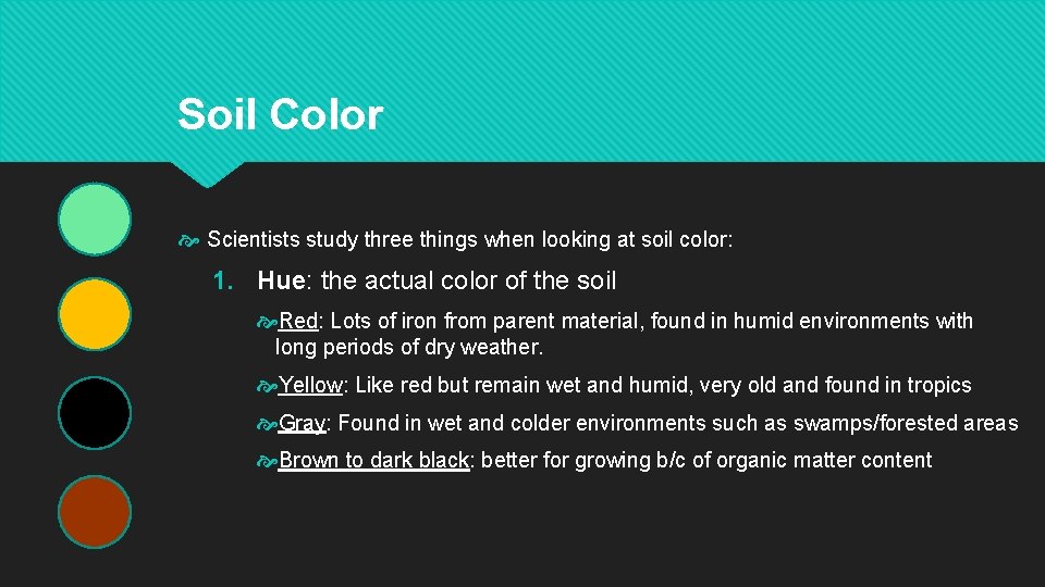 Soil Color Scientists study three things when looking at soil color: 1. Hue: the