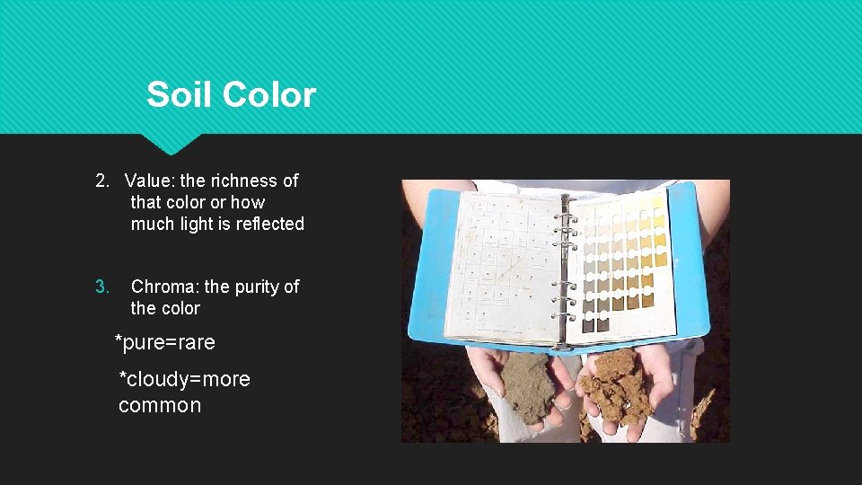 Soil Color 2. Value: the richness of that color or how much light is