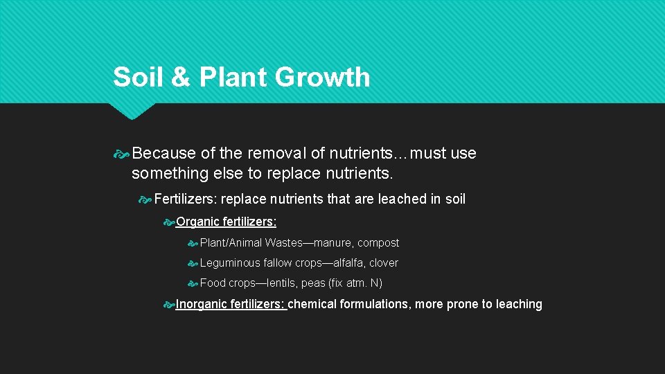 Soil & Plant Growth Because of the removal of nutrients…must use something else to