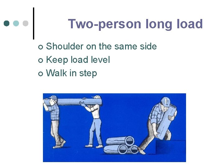 Two-person long load Shoulder on the same side ¢ Keep load level ¢ Walk