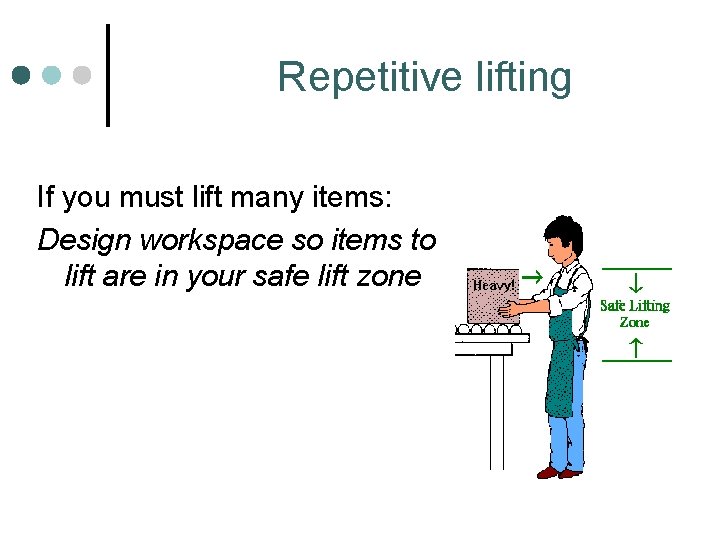 Repetitive lifting If you must lift many items: Design workspace so items to lift