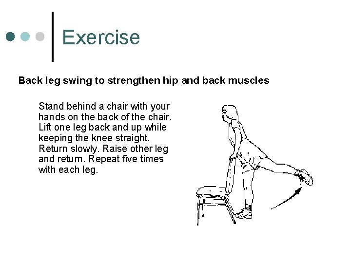 Exercise Back leg swing to strengthen hip and back muscles Stand behind a chair