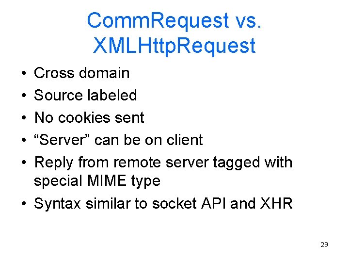 Comm. Request vs. XMLHttp. Request • • • Cross domain Source labeled No cookies