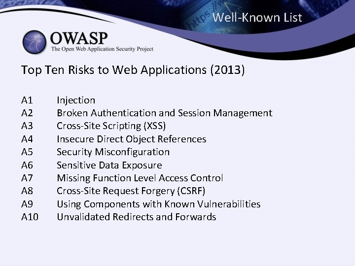 Well-Known List Top Ten Risks to Web Applications (2013) A 1 A 2 A