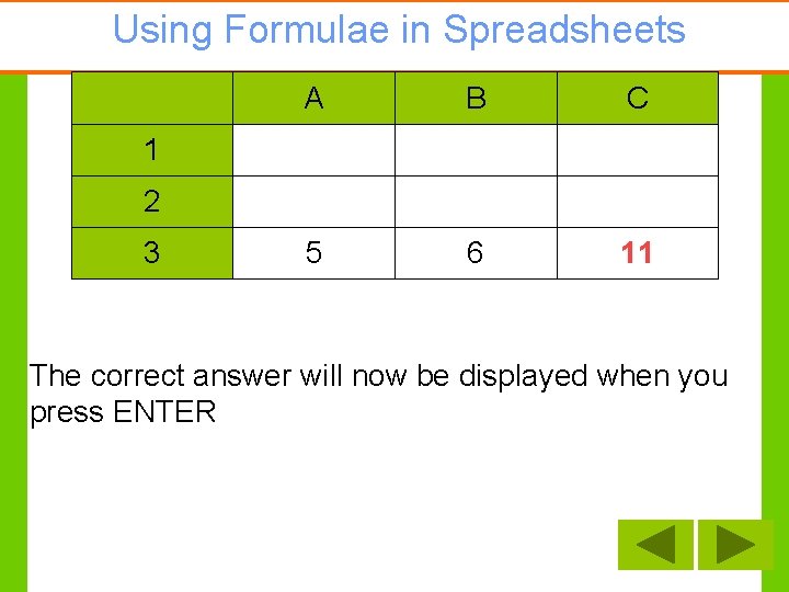 Using Formulae in Spreadsheets A B C 5 6 11 1 2 3 The