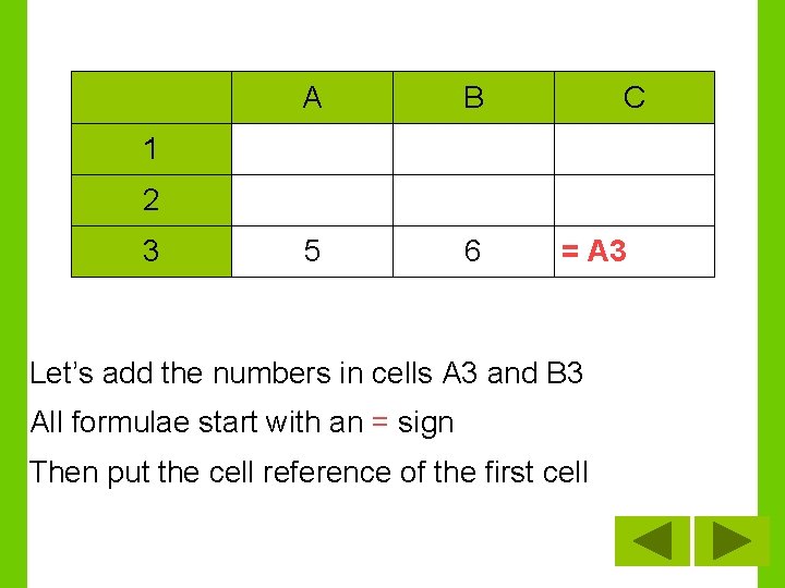 A B 5 6 C 1 2 3 = A 3 Let’s add the