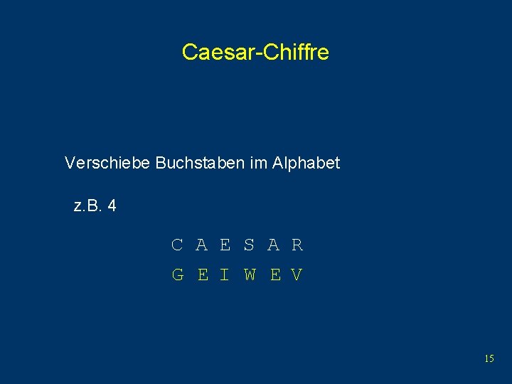 Caesar-Chiffre Verschiebe Buchstaben im Alphabet z. B. 4 C A E S A R