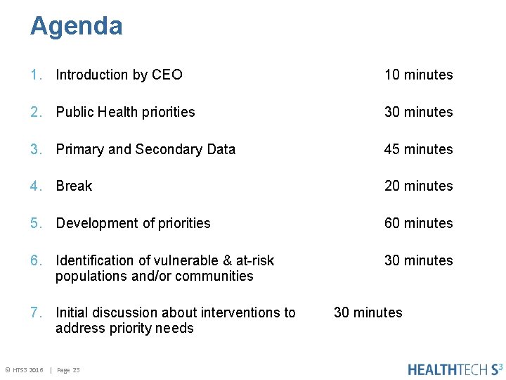 Agenda 1. Introduction by CEO 10 minutes 2. Public Health priorities 30 minutes 3.